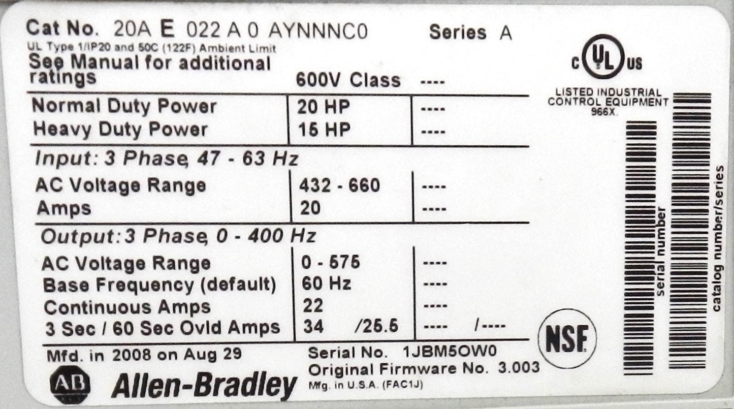 ALLEN-BRADLEY E022 A 0 AYNNNC0 AC Drive
