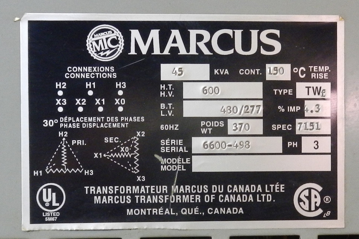 MARCUS 6600-498, 45 KVA TRANSFORMER