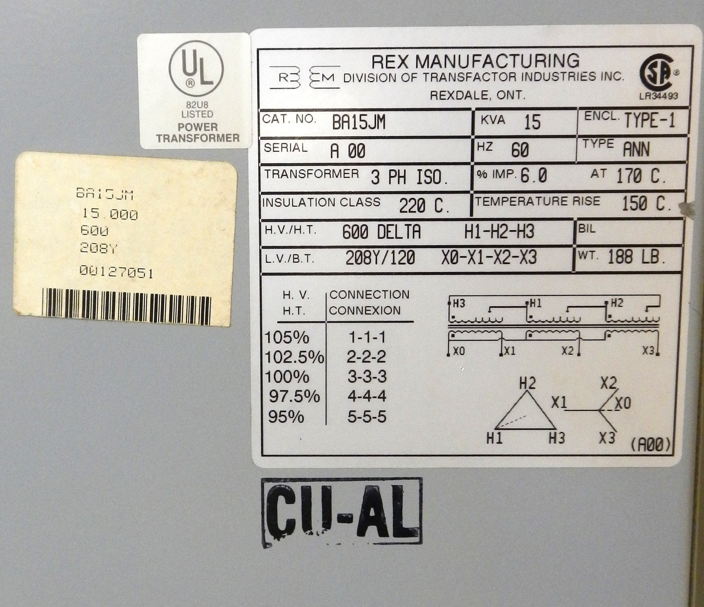 REX BA15JM, 15 KVA TRANSFORMER