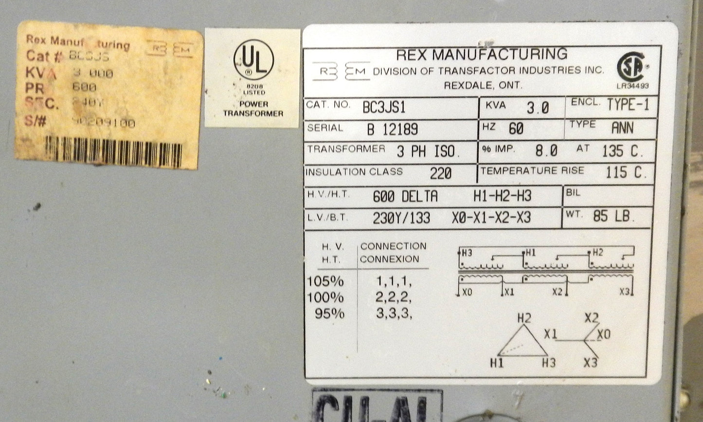 REX BC3JS1 , 3 KVA TRANSFORMER