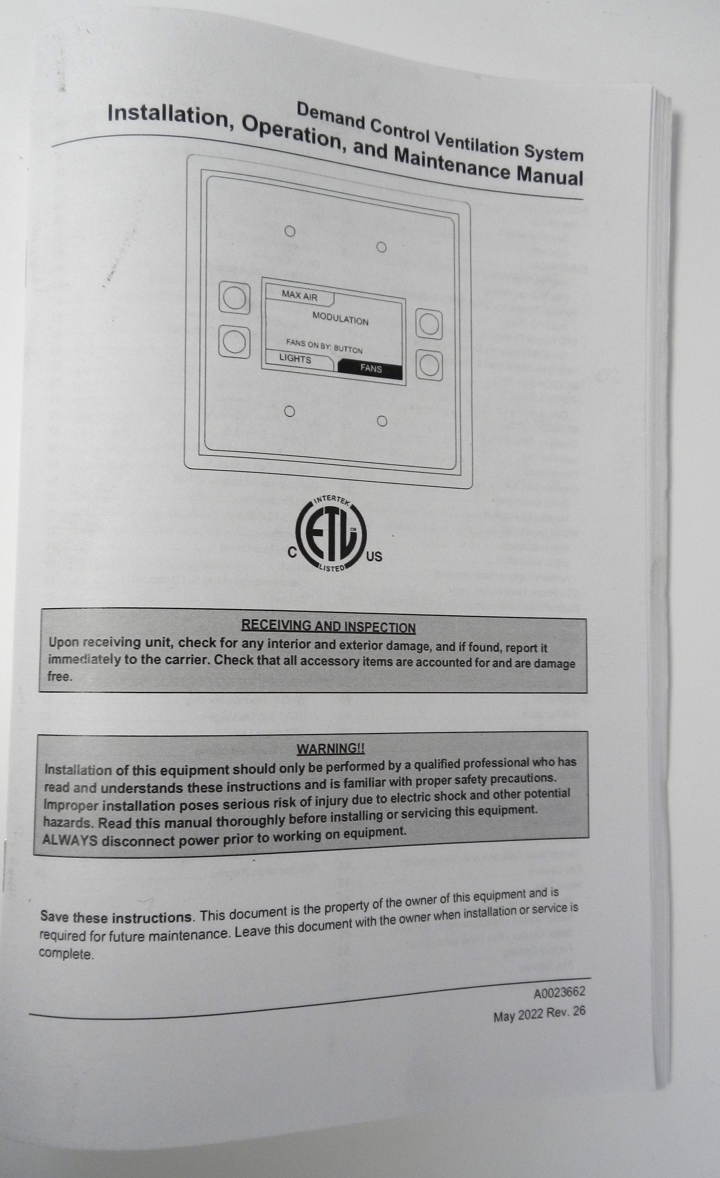 Demand control ventilation system control panel