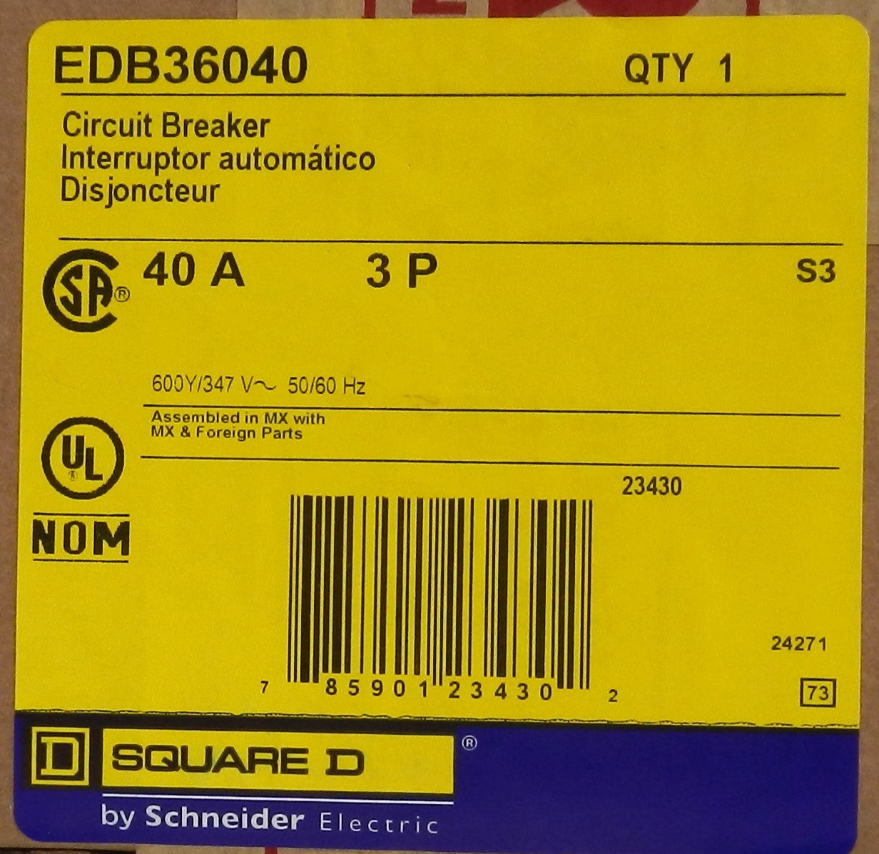 SQUARE D EDB36040 CIRCUIT BREAKER