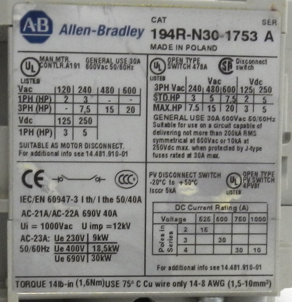 ALLEN-BRADLEY 194RN301753 DISCONNECT SWITCH