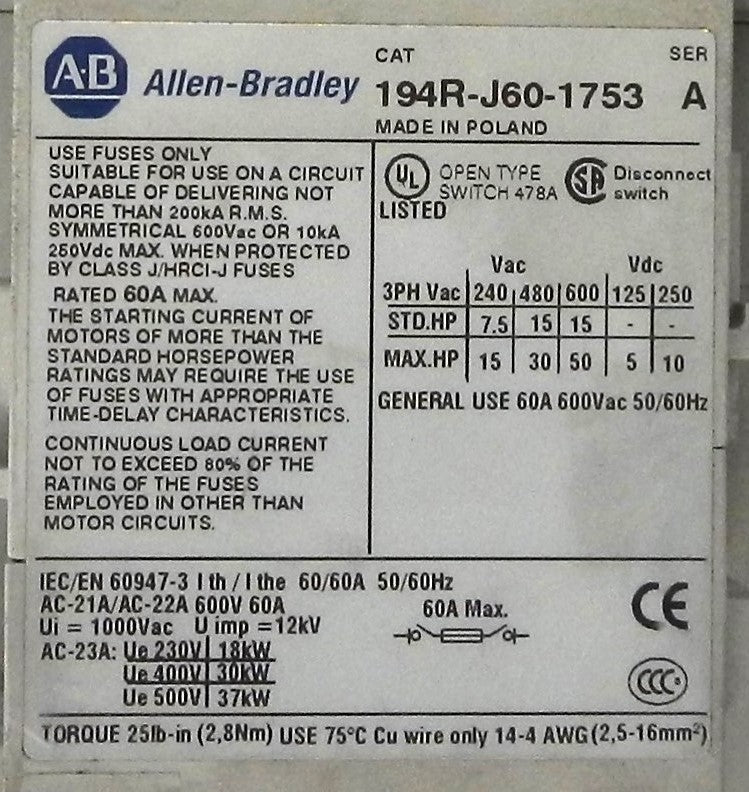 ALLEN-BRADLEY 194R-J60-1753 DISCONNECT SWITCH