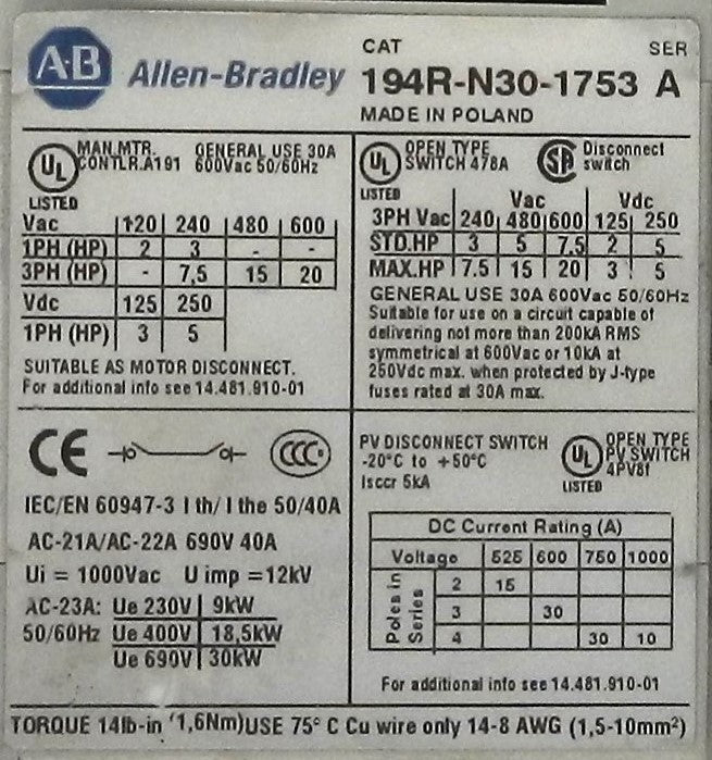 ALLEN-BRADLEY 194R-N30-1753 DISCONNECT SWITCH