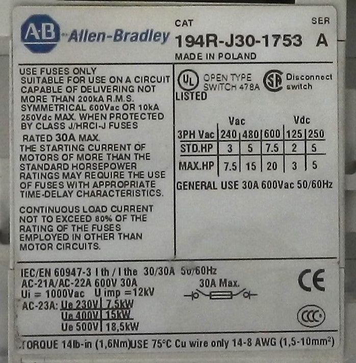 ALLEN-BRADLEY 194R-J30-1753 DISCONNECT SWITCH