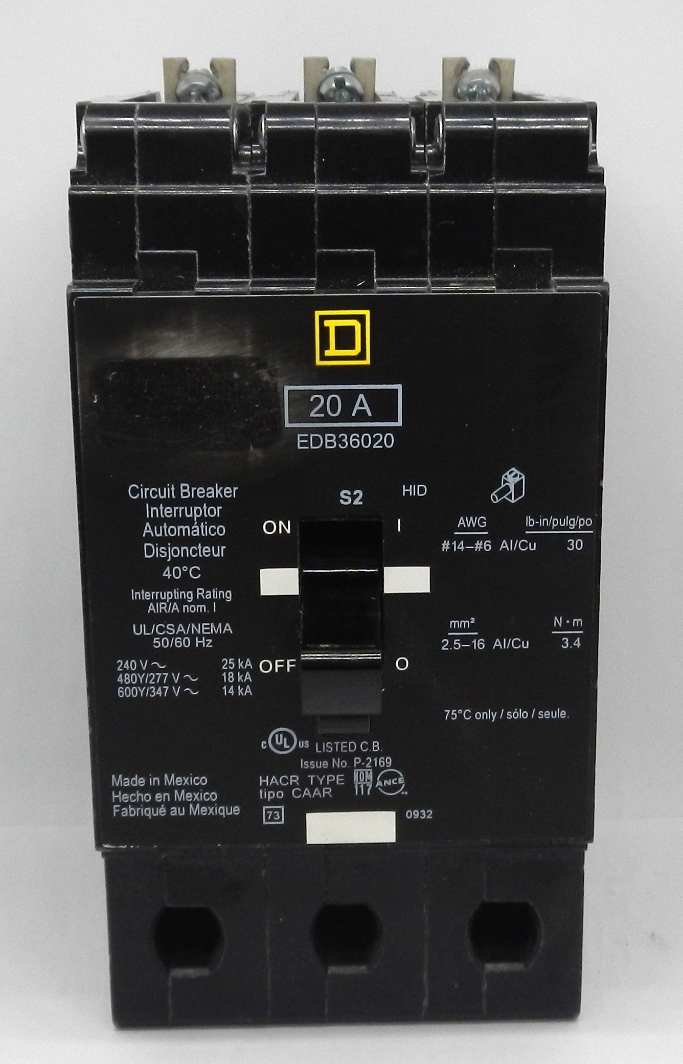 SQUARE D EDB36020 CIRCUIT BREAKER