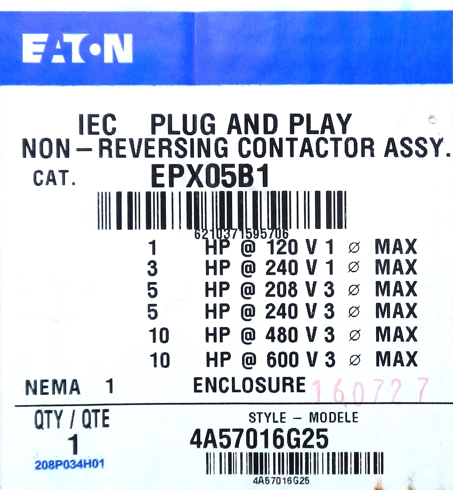 EATON EPX05B1 TOR XT PLUG & PLAY Non-Reversing 10HP Contactor Assembly
