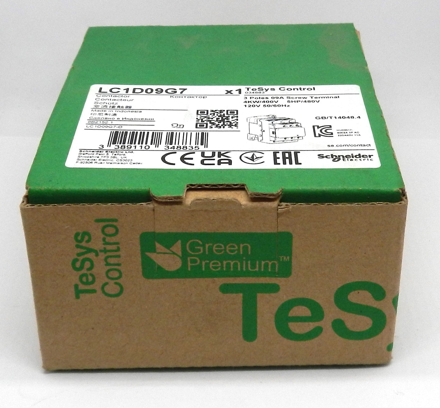 Schneider LC1D09G7 Contactor, 3-Pole, 9A, 120V Coil, 5HP @ 480VAC, 1NO+1NC Aux, IP20