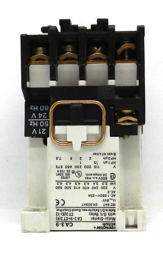 Sprecher + Schuh CA 3-9-01 24D Contactor, 9A, 3-Pole, 24V DC Coil, 1 NC Auxiliary Contact