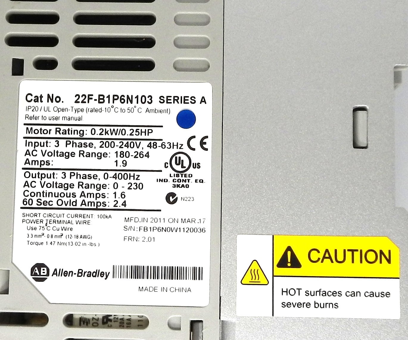 AB ALLEN-BRADLEY 22F-B1P6N103 AC DRIVE
