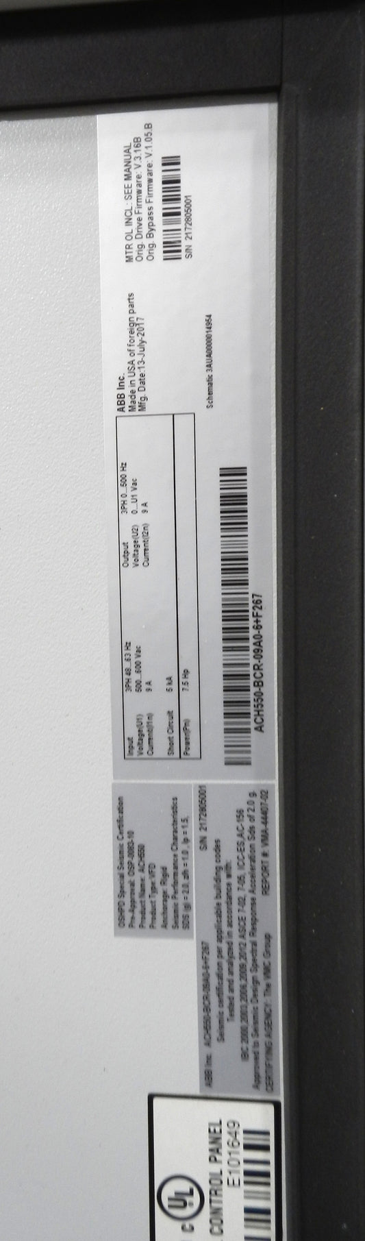 ACH550-BCR-09A0-6+F267 ABB Enclosed HVAC Bypass VFD 7.5HP 600V 3 Phase Variable Frequency Drive