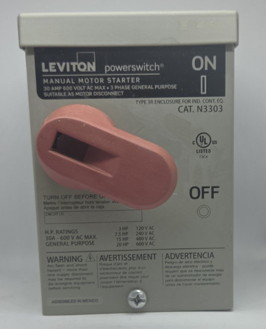 Leviton N3303 Manual Motor Starter Switch 30A 600V 3 Phase Powerswitch