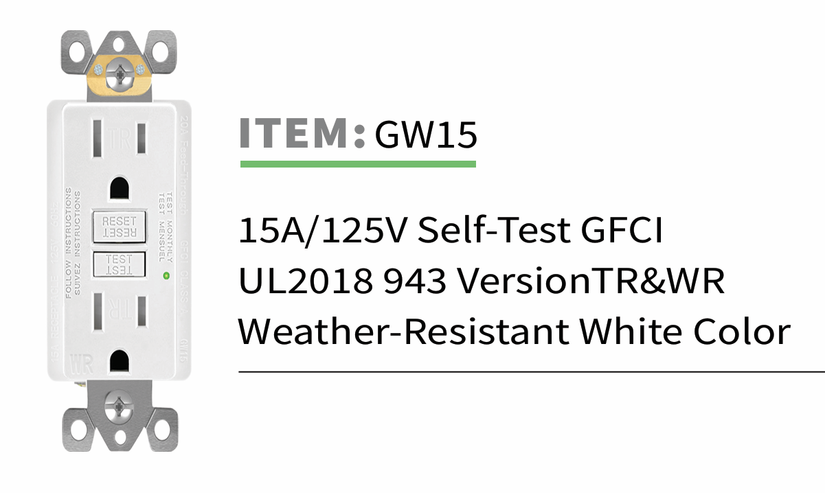 GFCI Receptacle, 15 Amp Tamper-Resistant, Self Test, Black, White