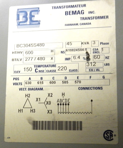 BEMAG BC3045S480, 45 KVA TRANSFORMER