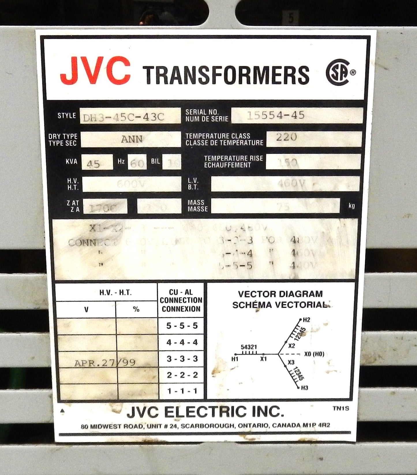 JVC DH3-45C-43C , 15554-45 , 45 KVA TRANSFORMER