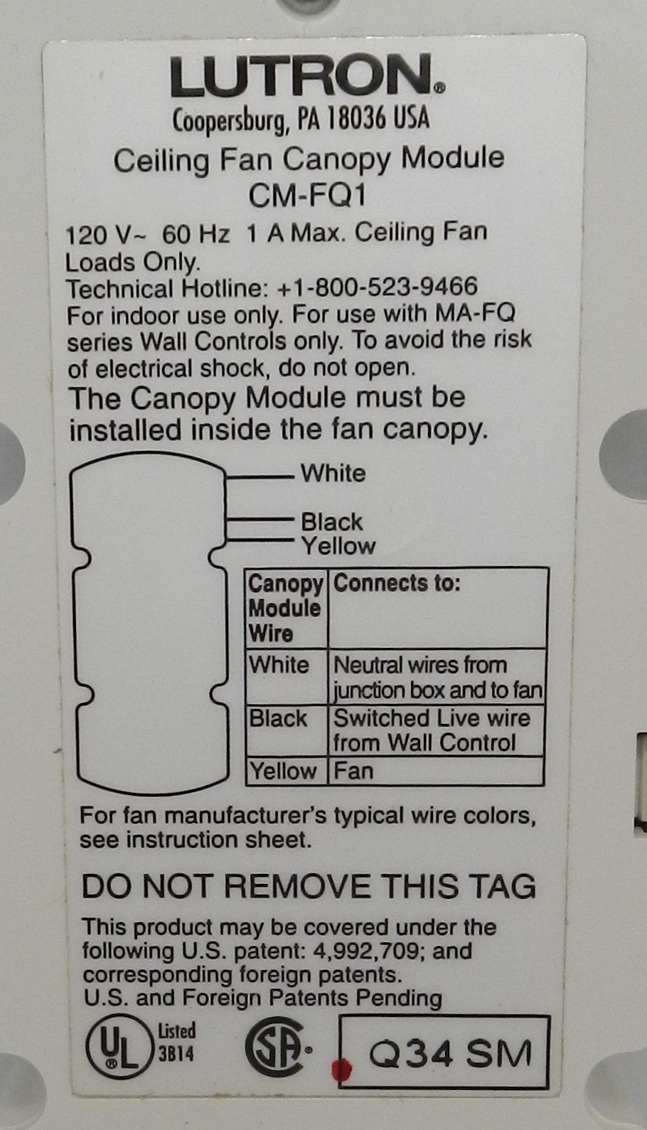 LUTRON CM-FQ1 CANOPY MODULE 1A SINGLE FAN