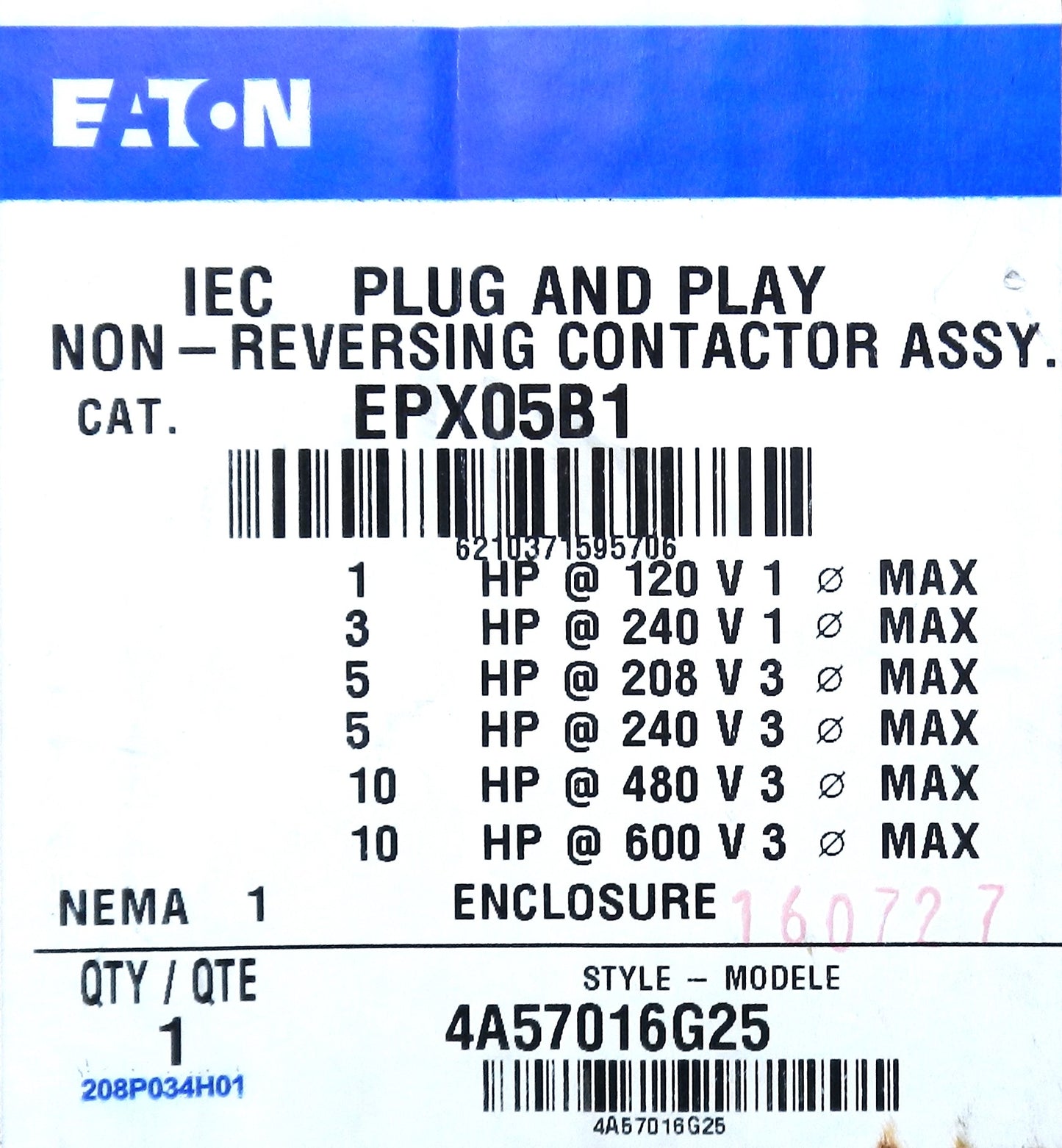 EATON EPX05B1 TOR XT PLUG &amp; PLAY  Non-Reversing 10HP Contactor Assembly