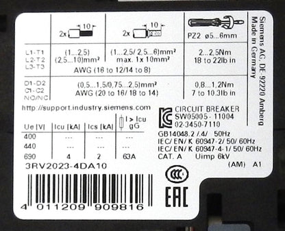 SIEMENS 3RV2023-4DA10 CIRCUIT BREAKER SIZE S0 FOR MOTOR PROTECTION