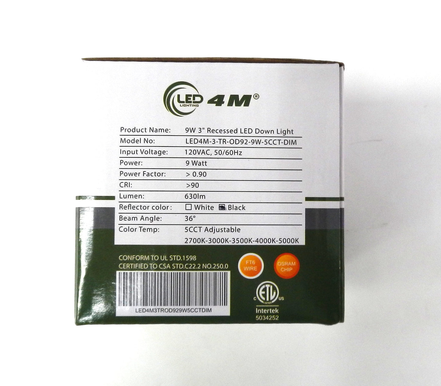 Potlight 9W 3" Recessed LED Down Light – 5CCT Adjustable, Dimmable (White/Black Reflector)