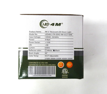 Potlight 9W 3" Recessed LED Down Light – 5CCT Adjustable, Dimmable (White/Black Reflector)