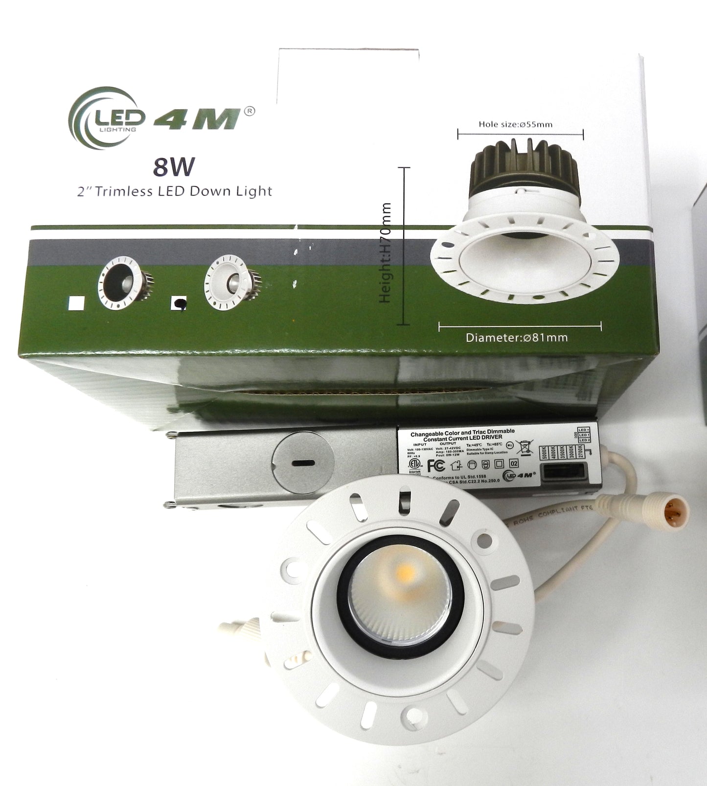 8W 2" Trimless Recessed Downlight – 560LM, Dimmable, CRI90