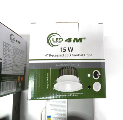 15W 4" Recessed LED Gimbal Light – 5CCT Adjustable, Dimmable, 1000LM