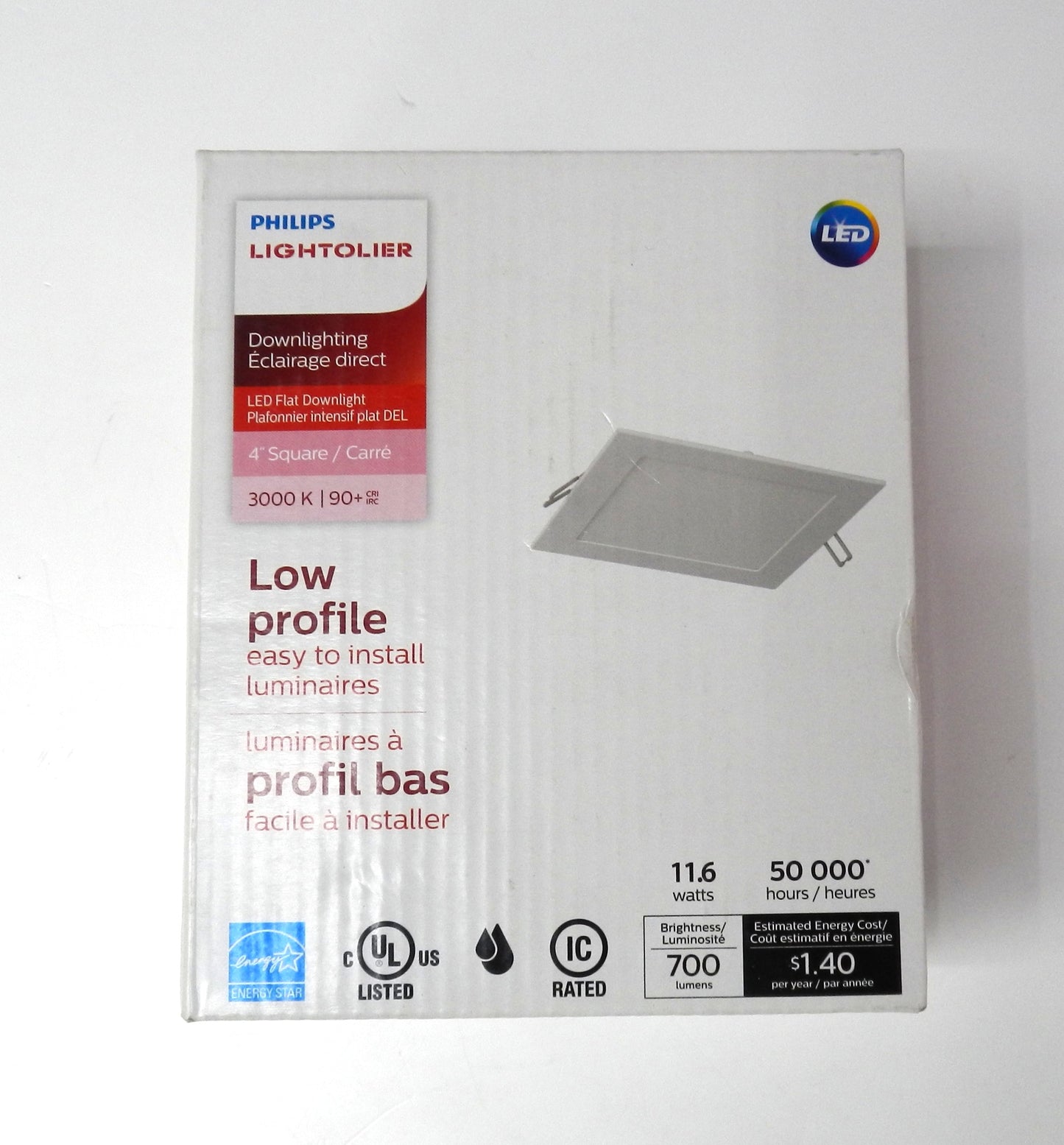 Philips Lightolier 4" LED Flat Downlight – 3000K Warm White, 700 Lumens, Low Profile, IC Rated, Energy Star