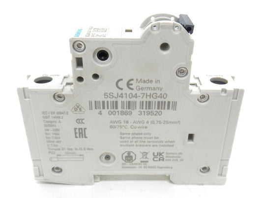 Siemens 5SJ4104-7HG40 Miniature Circuit Breaker 4A 1-Pole C Curve