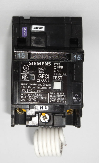 Q215GFCSA Siemens 15A 2 Pole GFCI Circuit Breaker 120/240V Type QPF2 CSA