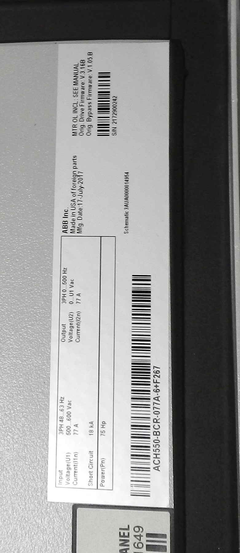 ABB ACH550-BCR-077A-6+F267 HVAC Variable Frequency Drive Panel 75HP 600VAC 77A VFD Enclosed