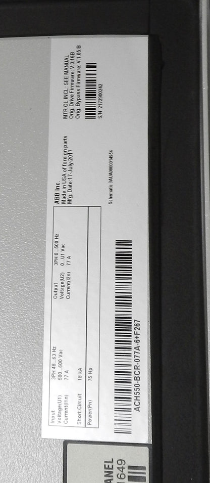 ABB ACH550-BCR-077A-6+F267 HVAC Variable Frequency Drive Panel 75HP 600VAC 77A VFD Enclosed