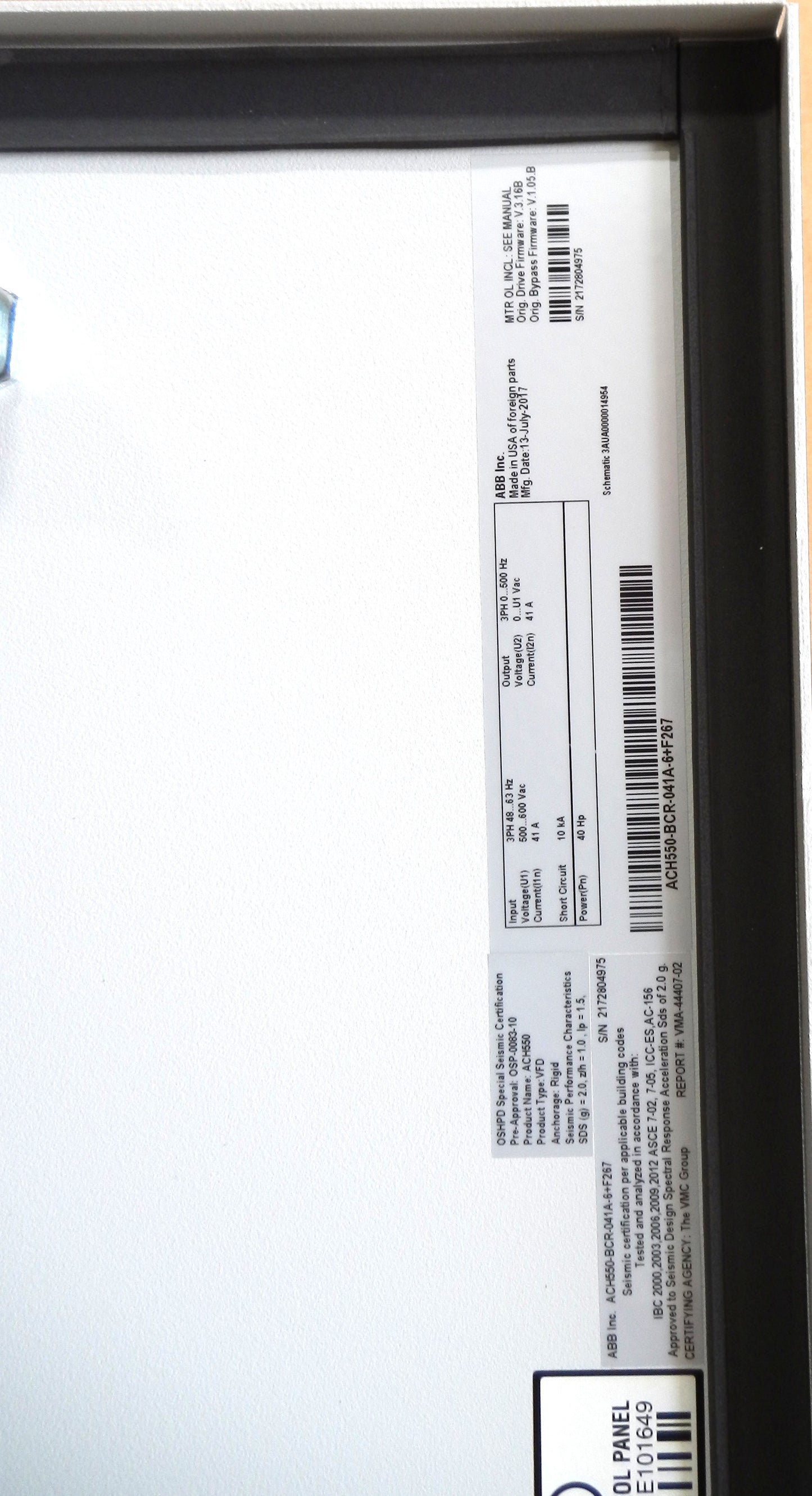 ABB ACH550-BCR-041A-6+F267 HVAC Bypass VFD Panel 40HP 600V Enclosed Variable Frequency Drive