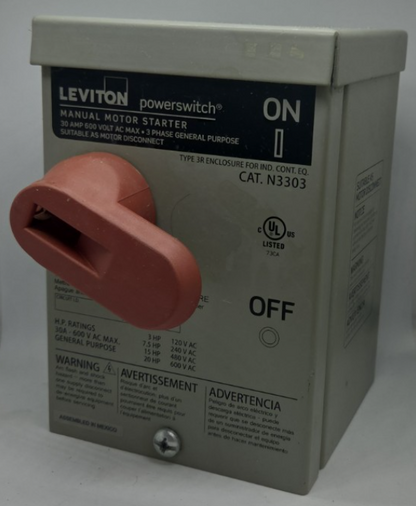 Leviton N3303 Manual Motor Starter Switch 30A 600V 3 Phase Powerswitch