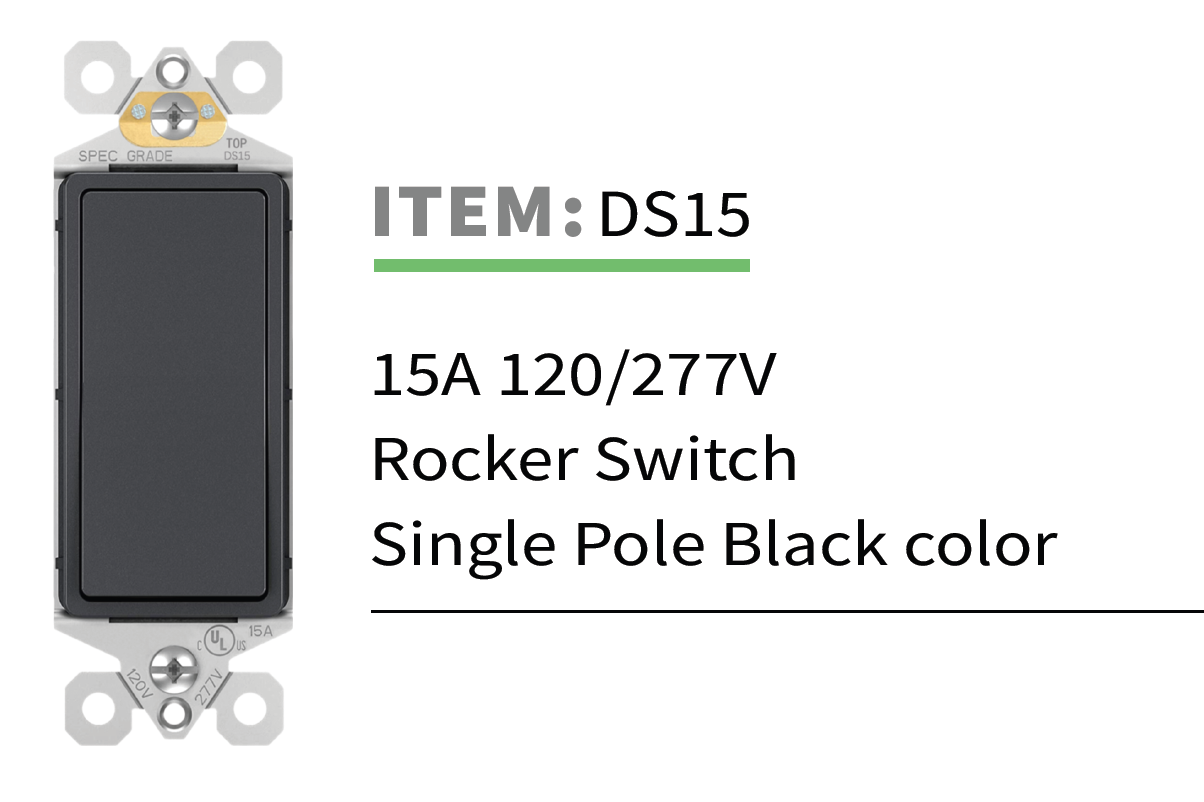 15A 120/277V Single Pole Rocker Switch – Black