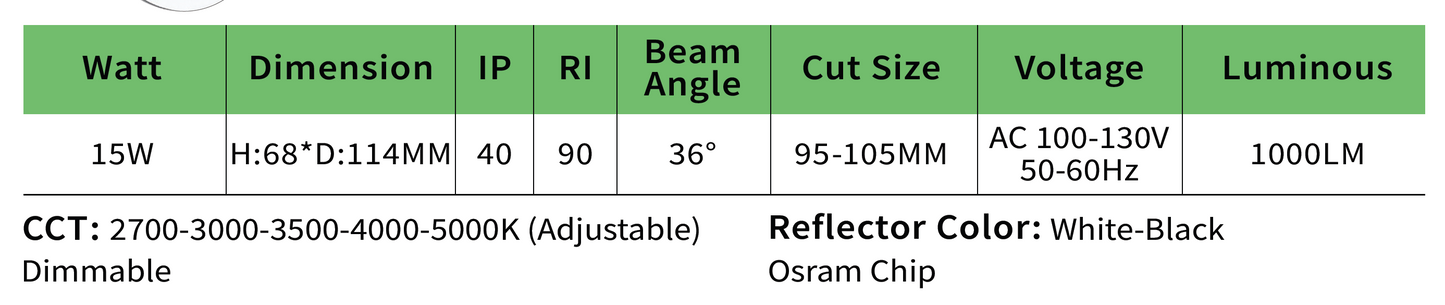 15W 4" Recessed LED Gimbal Light – 5CCT Adjustable, Dimmable, 1000LM
