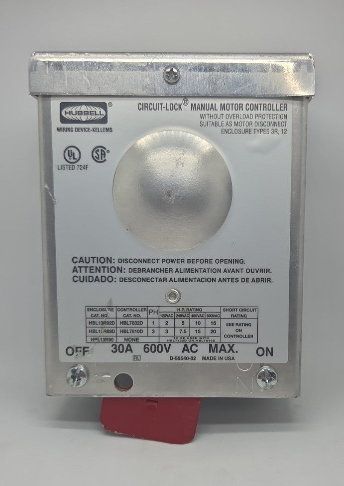 Hubbell Circuit-Lock Manual Motor Controller Disconnect Switch 30A 600V AC Industrial Motor Disconnect