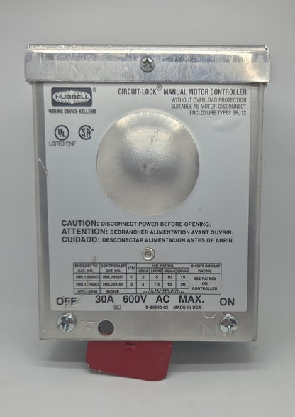 Hubbell Circuit-Lock Manual Motor Controller Disconnect Switch 30A 600V AC Industrial Motor Disconnect