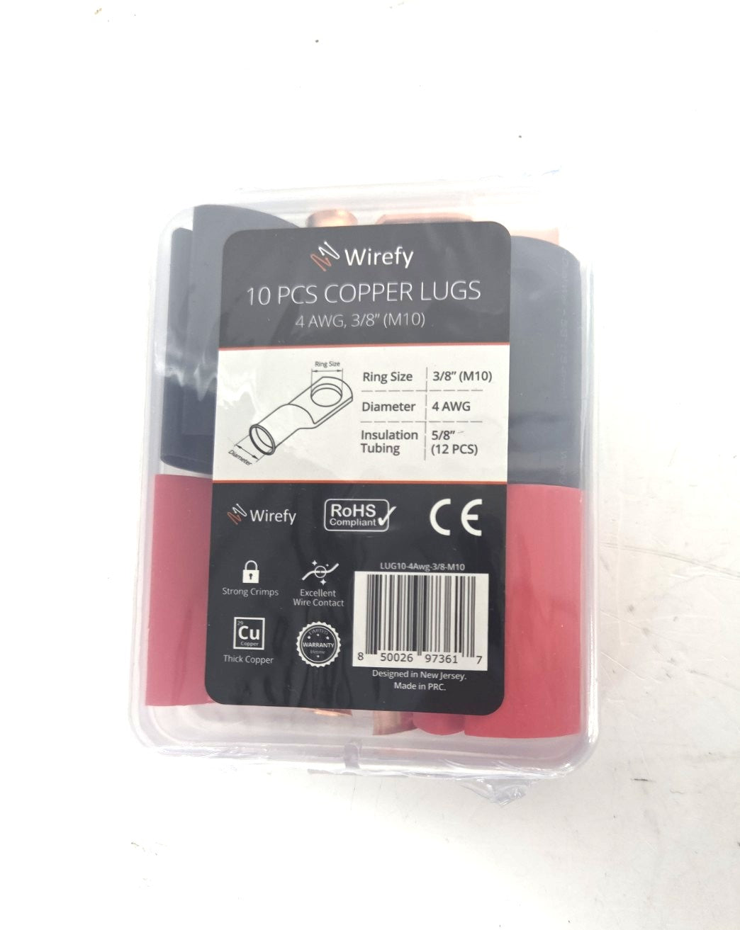 4 AWG Wirefy Copper Lug Kit 10 PCS 3/8" M10 with Heat Shrink Tubing