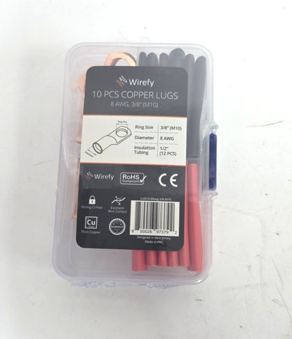 8 AWG Wirefy Copper Lug Kit 10 PCS 3/8" M10 with Heat Shrink Tubing