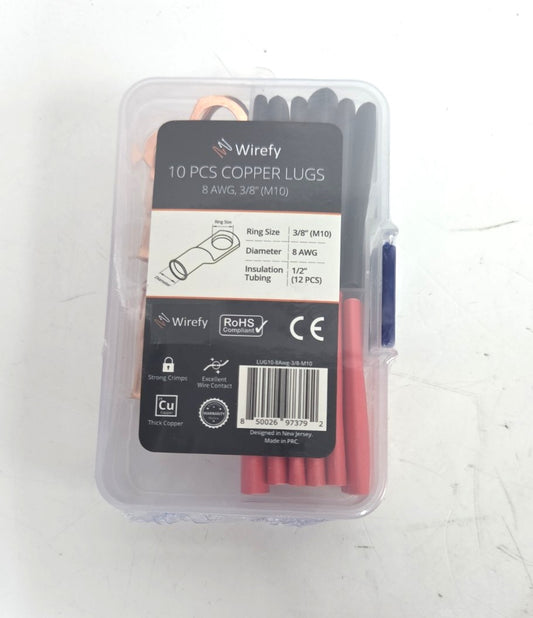 8 AWG Wirefy Copper Lug Kit 10 PCS 3/8" M10 with Heat Shrink Tubing